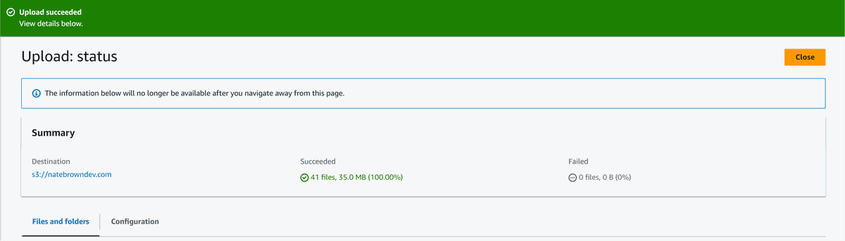 picture of the S3 bucket upload successful message